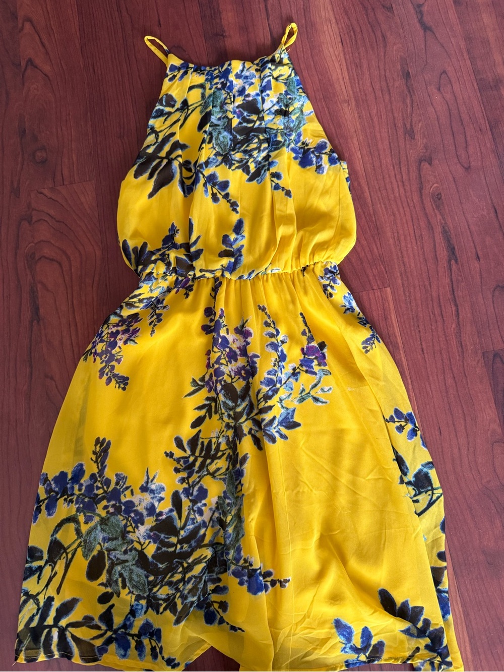 Japna Yellow Floral Halter Dress with Blue & Purple Print